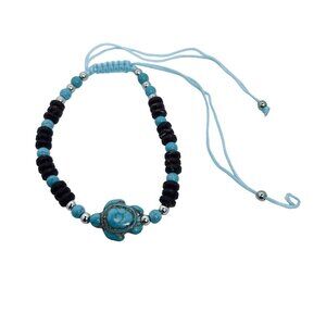 Brown Bead And Blue Faux Turquois Turtle Adjustable Ankle Bracelet (5497)